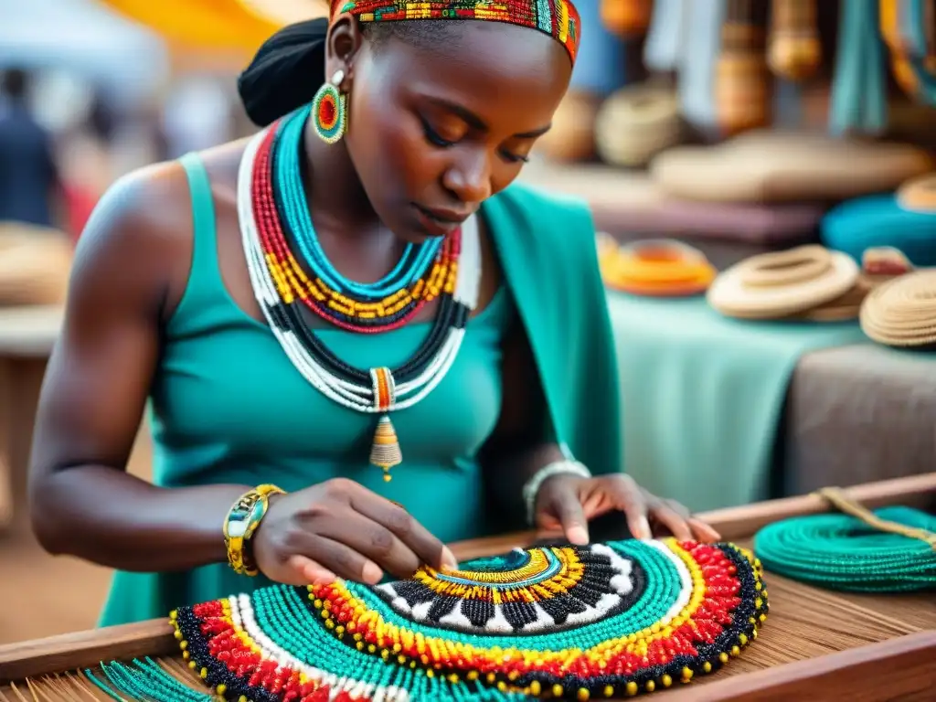 Un artesano africano elaborando un collar con cuentas, rodeado de una bulliciosa escena de mercado