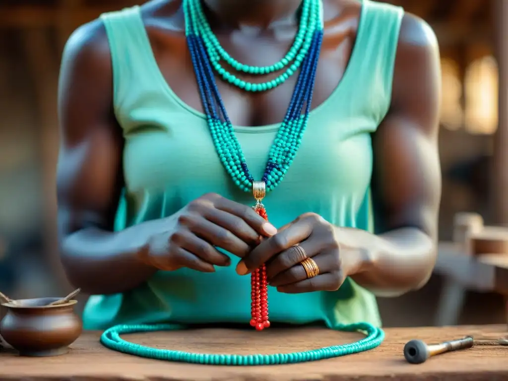 Artesano africano creando collar de cuentas con detalle