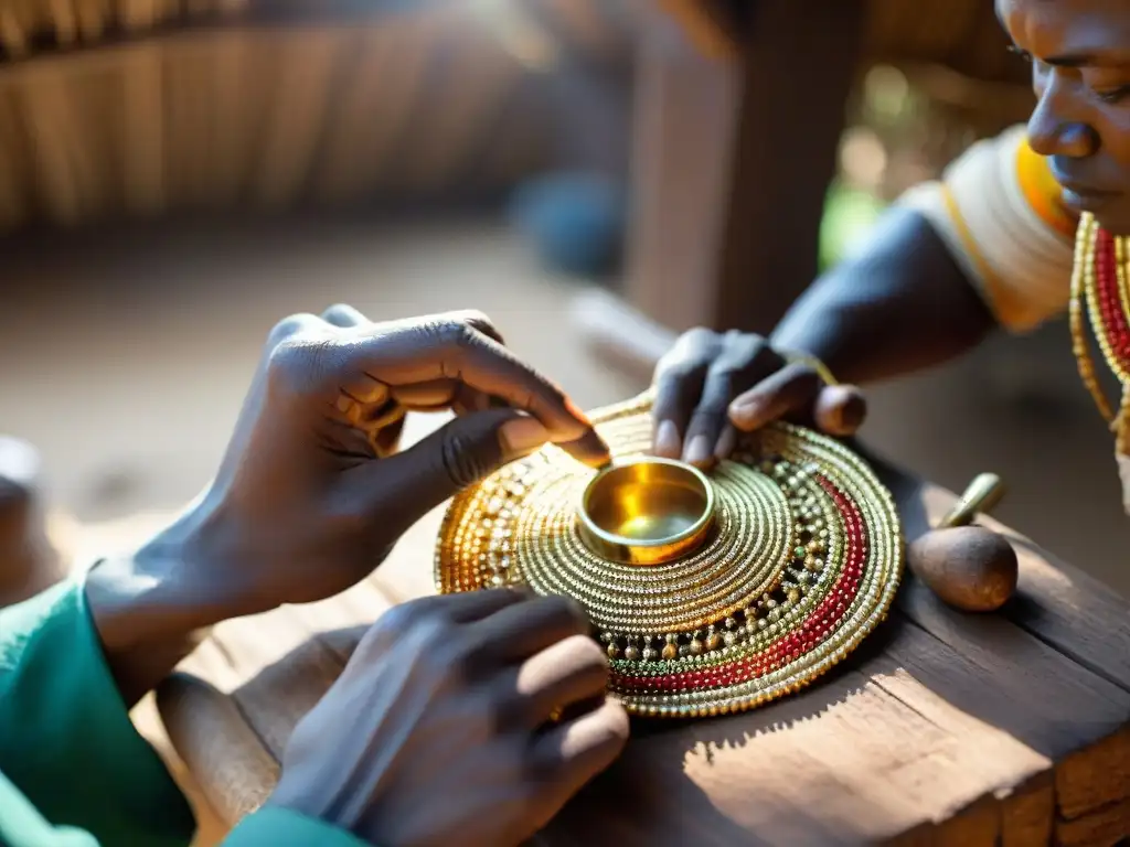 Artesano africano elaborando un collar de oro ceremonial con delicadeza, bajo luz natural cálida