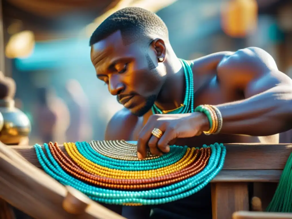 Un artesano africano crea un collar único, fusionando técnica tradicional y diseño moderno en un mercado vibrante