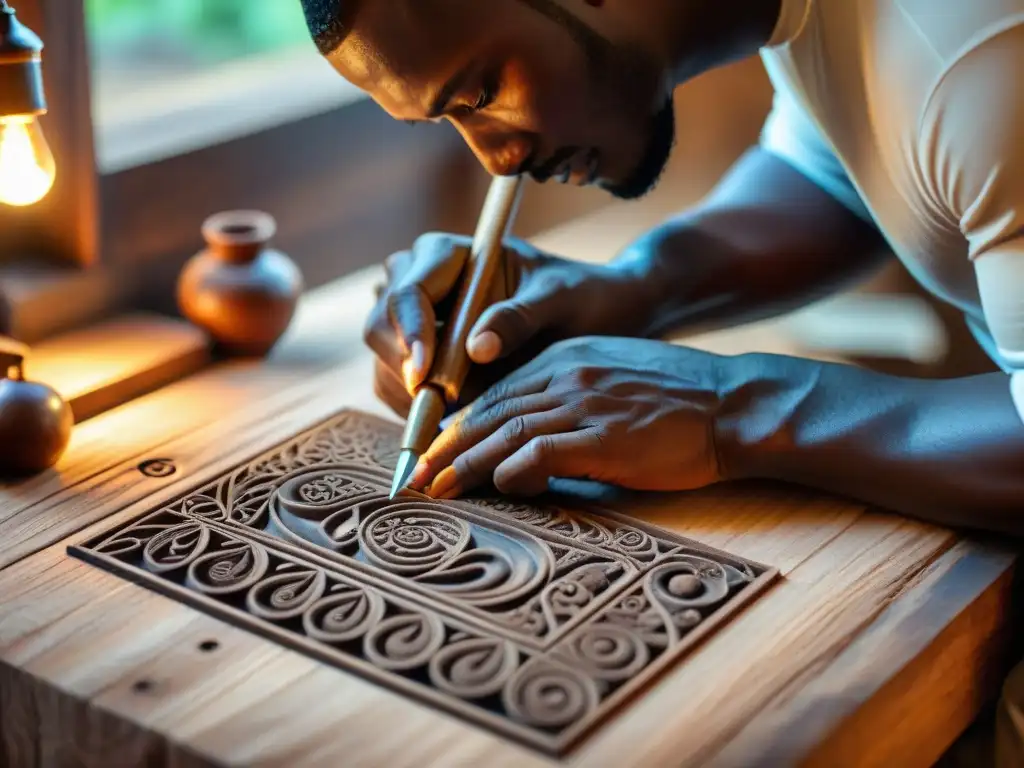 Un artesano africano talla con destreza escrituras pictográficas en madera oscura