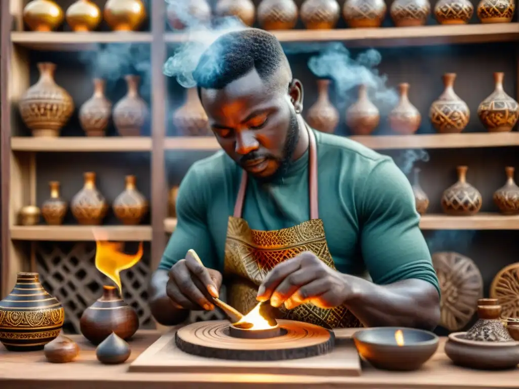 Un artesano africano esculpe con detalle una escultura de fuego, rodeado de herramientas y arte africano