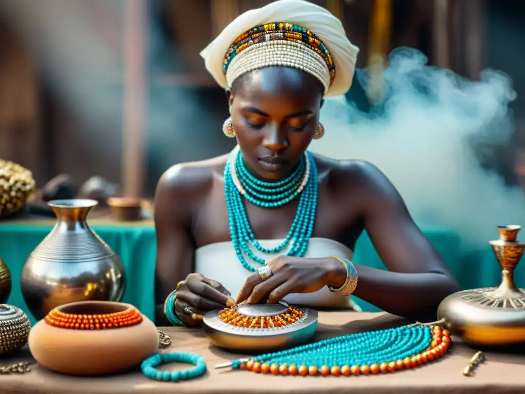 Un artesano africano crea joyería con detalles meticulosos en un bullicioso mercado