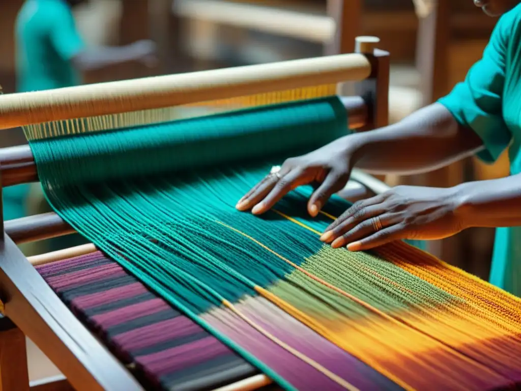 Un artesano africano teje un diseño de textiles africanos influencia en un telar tradicional, con hilos coloridos y detallados