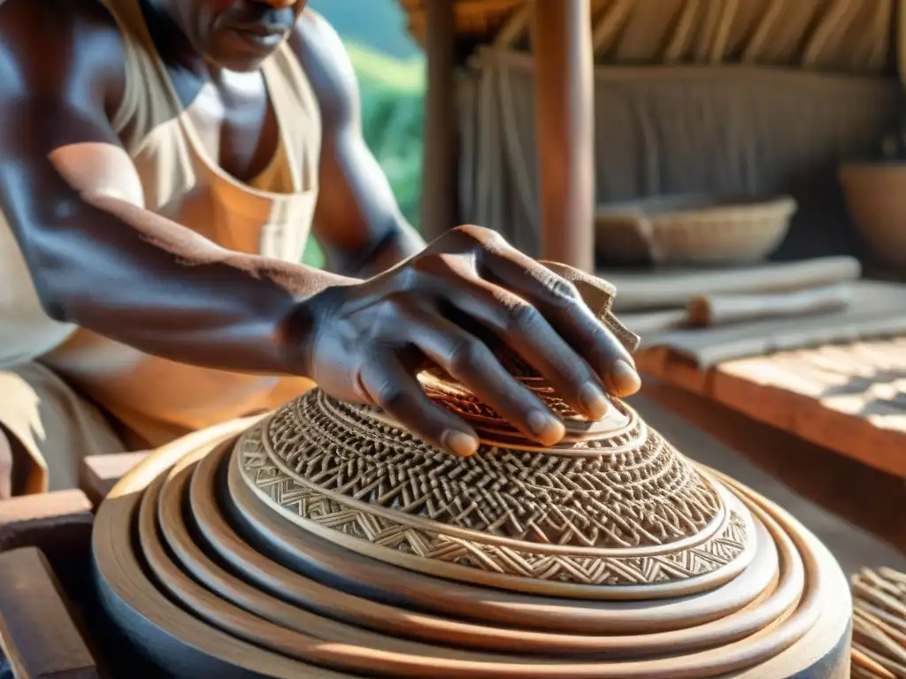 Un artesano africano tallando una escultura detallada en madera, fusionando sabiduría ancestral con tecnología