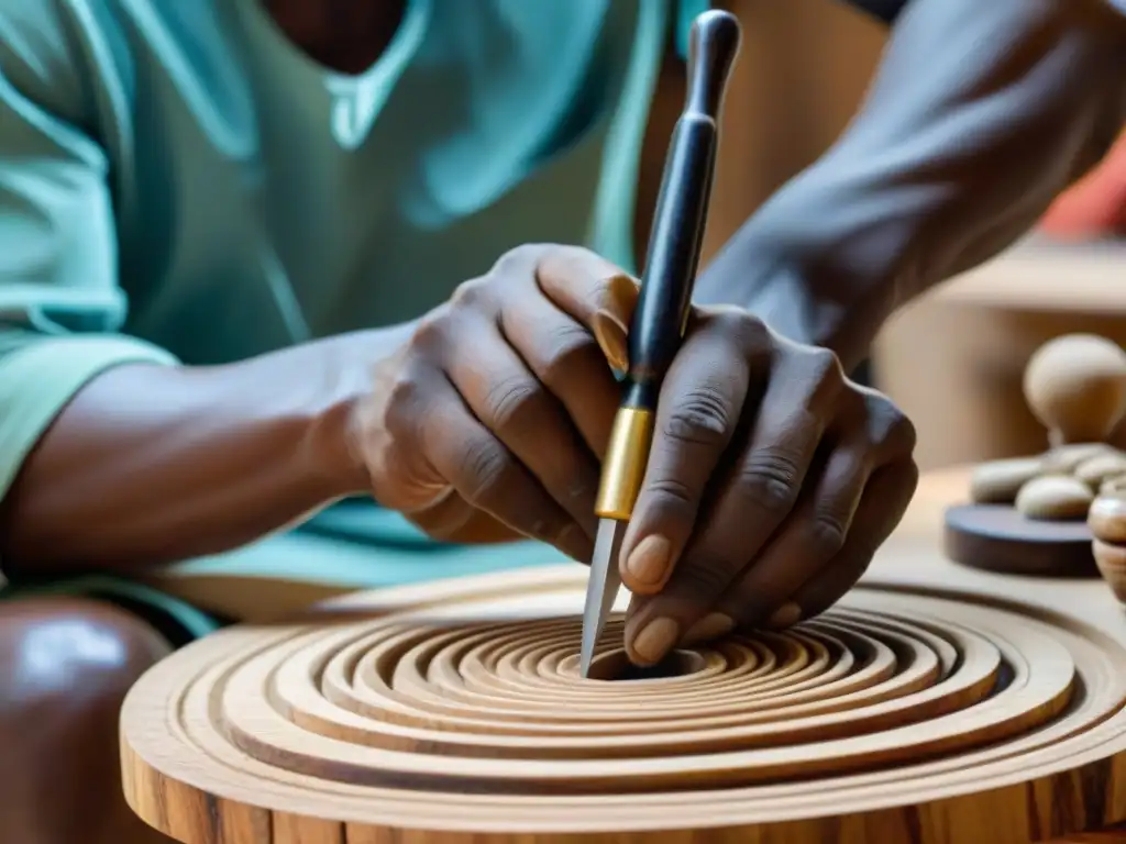 Artesano africano esculpiendo detalle en madera con maestría Un artesano africano tallando una escultura de madera, mostrando la autenticidad y destreza del arte tradicional africano