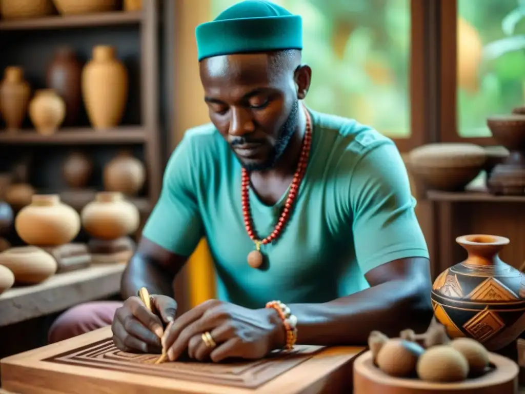 Un artesano africano tallando una escultura de madera rodeado de textiles y artefactos culturales, mostrando la autenticidad del arte africano