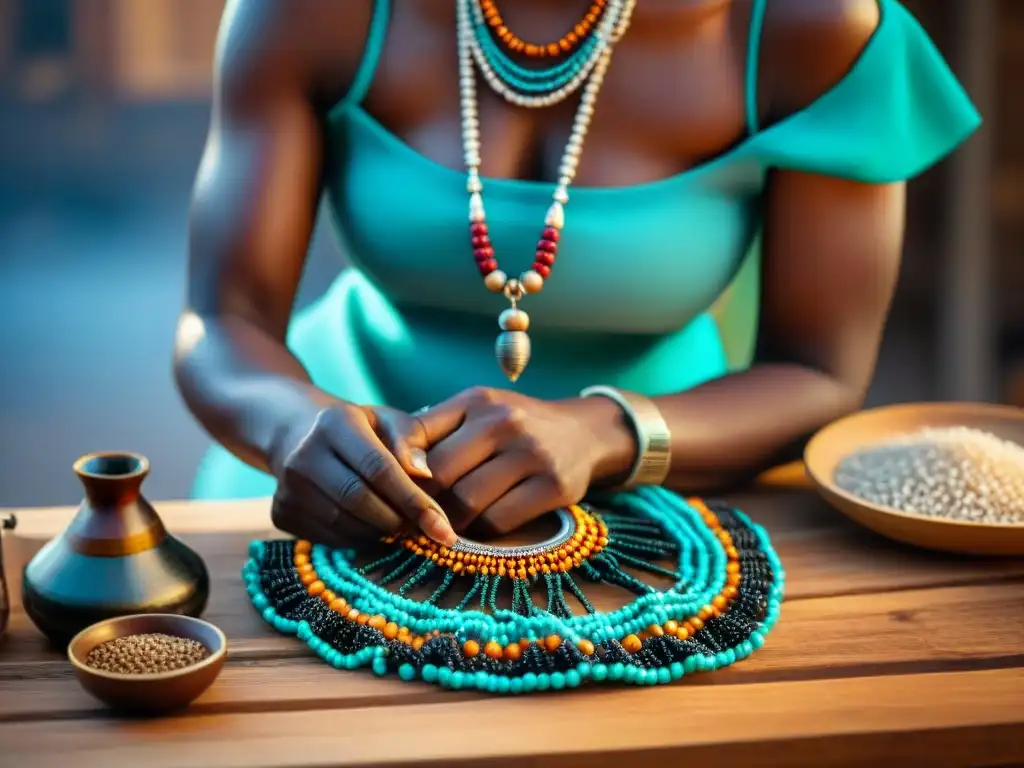 Un artesano africano experto elaborando un collar tribal con cuentas vibrantes y metalurgia detallada