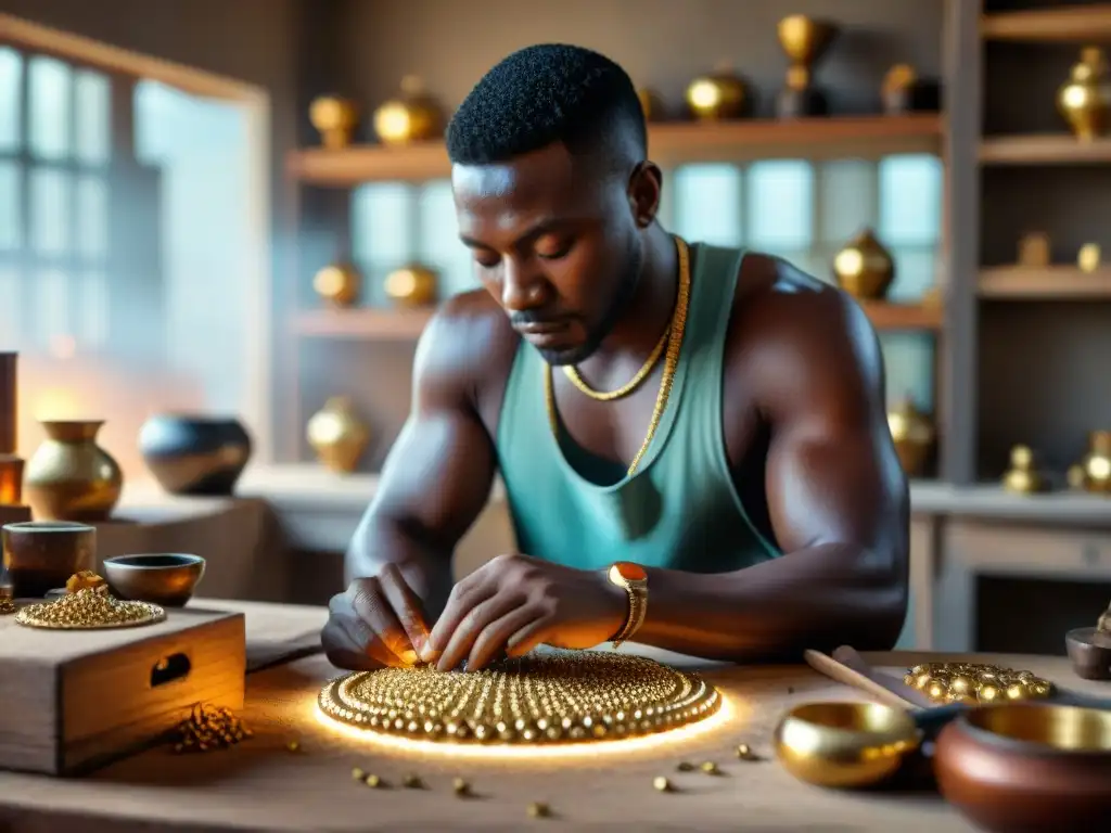 Artesano africano creando joya de oro: precisión ancestral Un artesano africano experto crea una joya de oro rodeado de herramientas tradicionales en un taller