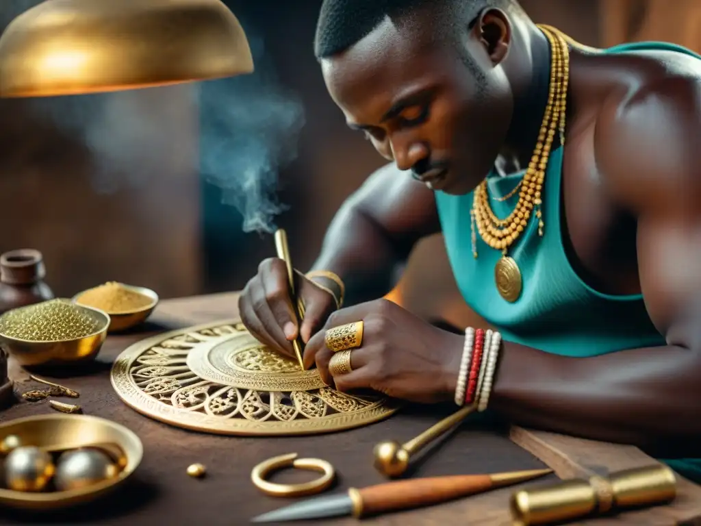 Un artesano africano experto crea una joya de oro con detalle, rodeado de herramientas y materiales tradicionales