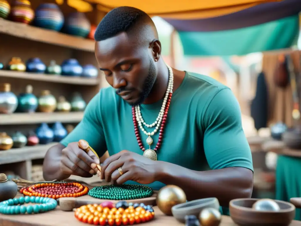 Un artesano africano experto crea una joyería inspirada en civilizaciones africanas, rodeado de vibrantes colores y herramientas