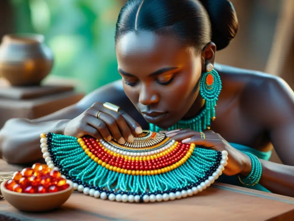 Un artesano africano experto creando joyería de lujo, fusionando tradición y diseño con gemas coloridas y cuentas vibrantes