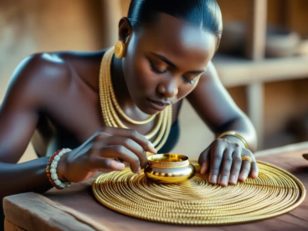 Un artesano africano experto elaborando joyería dorada tradicional, destacando detalles intrincados y expresión enfocada