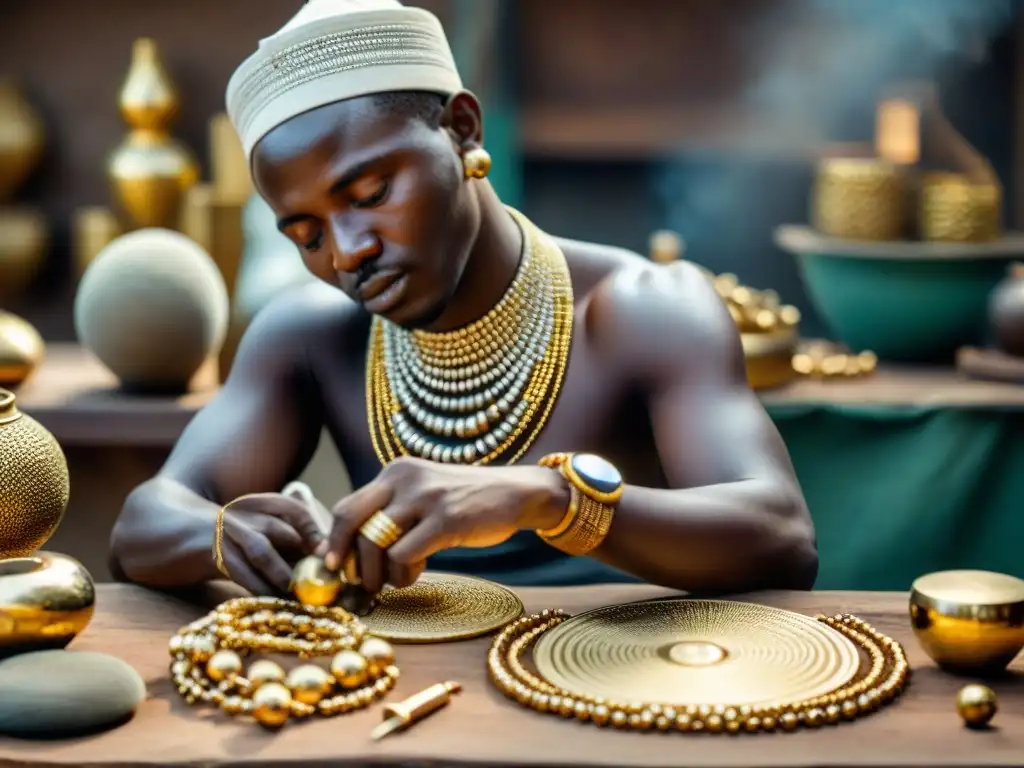 Artesano africano creando joyería de oro con maestría Un artesano africano experto elaborando joyería de oro, rodeado de herramientas e intrincadas cuentas