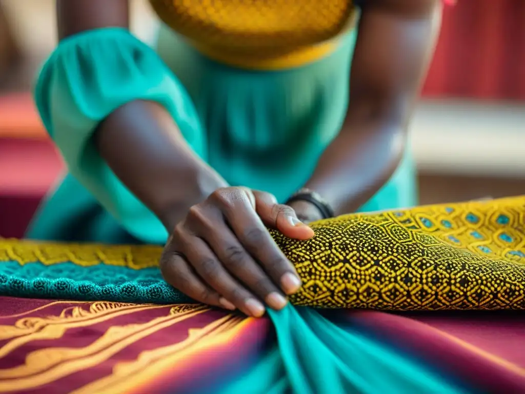 Un artesano africano experto imprime patrones de cera en tela, fusionando técnicas tradicionales con diseños contemporáneos