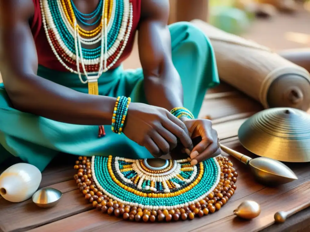 Un artesano africano crea joyas africanas tradicionales con destreza y coloridas cuentas en un entorno culturalmente rico