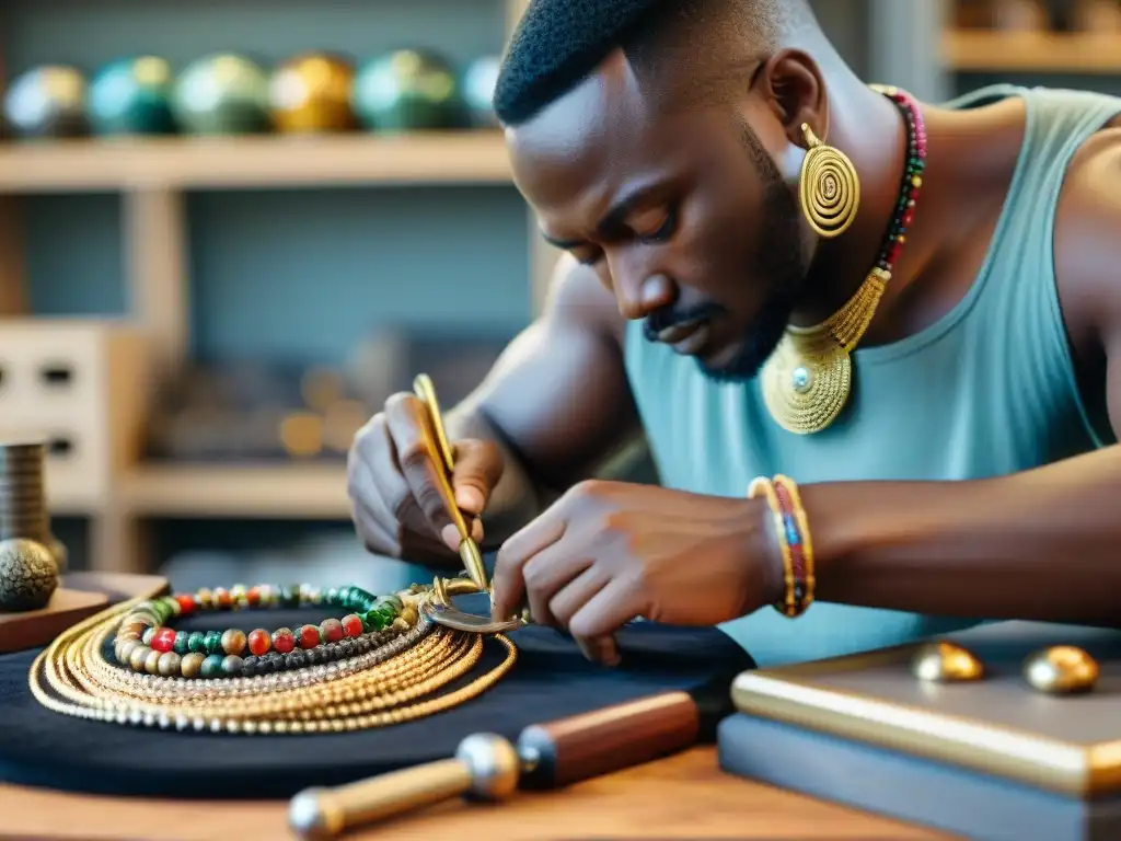 Un artesano africano crea joyas contemporáneas con diseño innovador, mostrando metalurgia detallada y piedras preciosas vibrantes