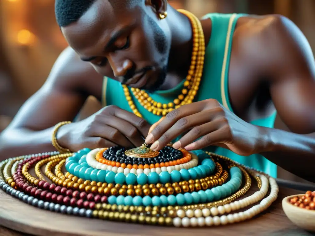 Artesano africano creando joyas de lujo, rodeado de coloridas gemas y herramientas tradicionales en un taller auténtico