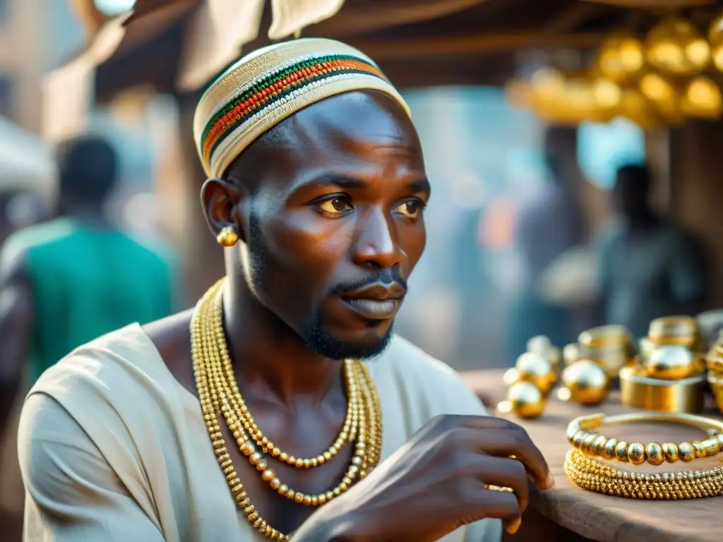 Un artesano africano esculpe joyas de oro en un animado mercado, mostrando el uso del oro en África