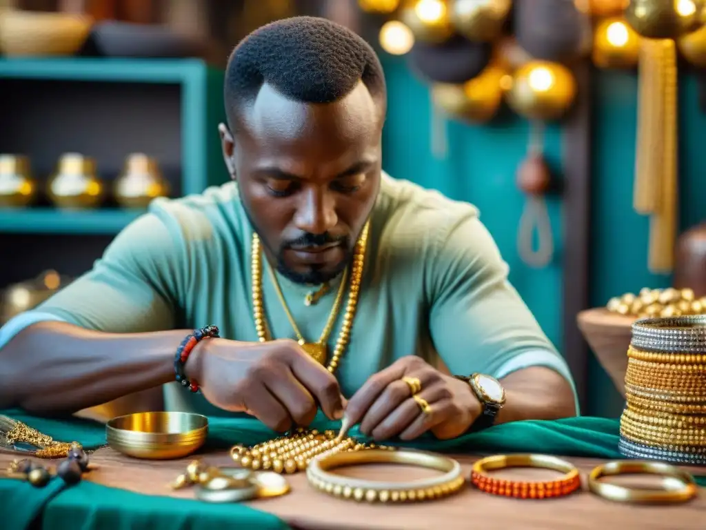 Artesano africano creando joyas de oro en mercado vibrante Artesano africano creando joyas de oro, sudor en la frente, herramientas y mercado vibrante