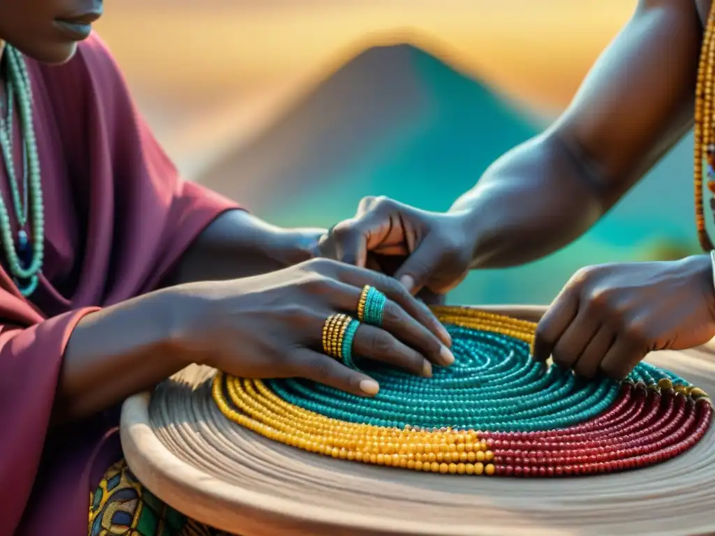 Artesano africano crea joyas tribales con cuentas y gemas, mostrando destreza y tradición