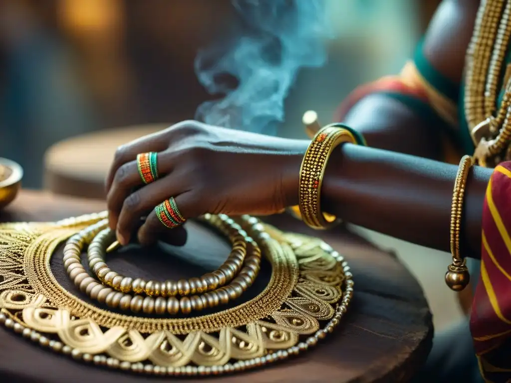Artesanía africana: Maestro orfebre elaborando joyería dorada con destreza El hábil artesano africano crea joyería dorada, destacando la orfebrería y la cultura de África