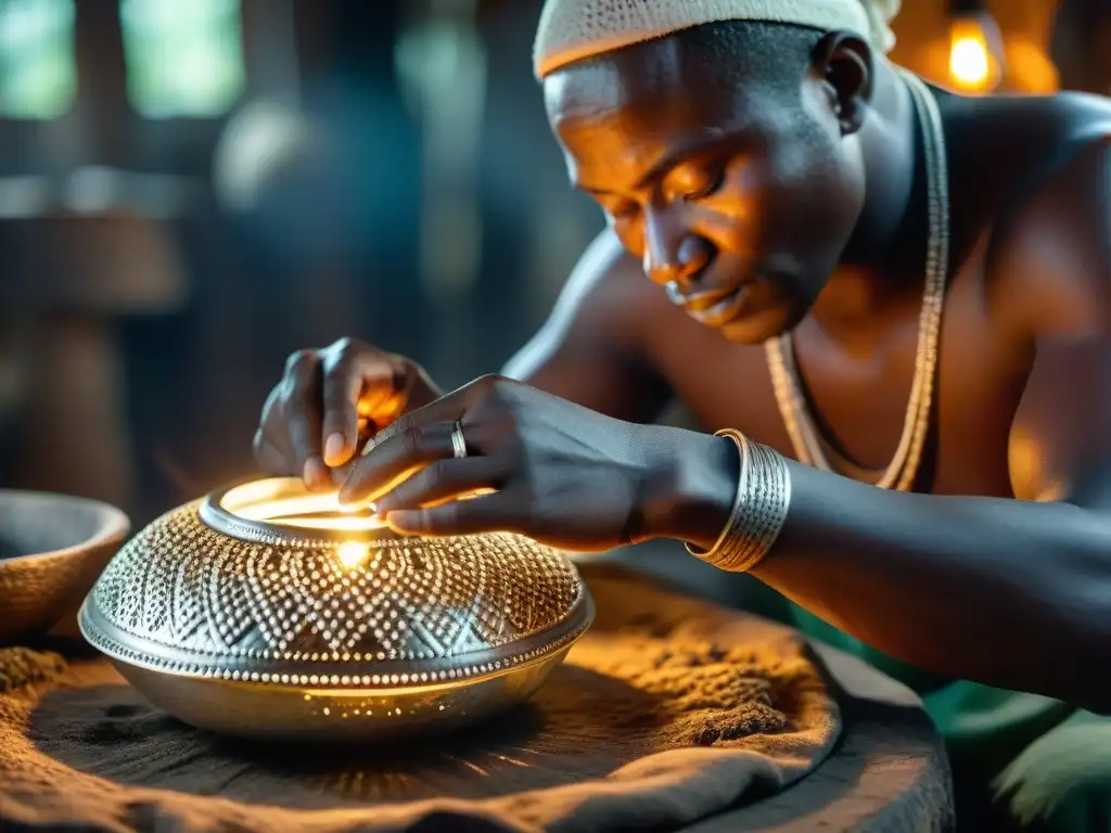 Un artesano africano creando joyería de plata con destreza en su taller iluminado por una linterna