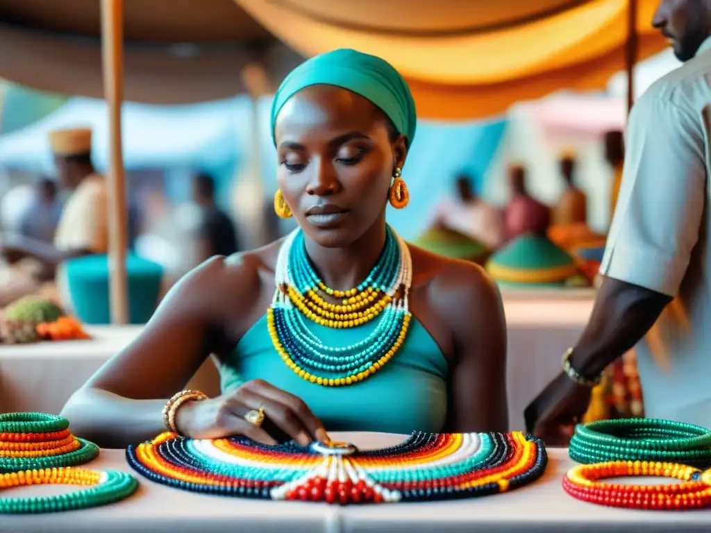 Artesano africano creando joyería tradicional con cuentas vibrantes en mercado bullicioso, expresión cultural y política