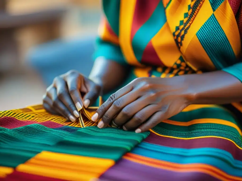 Hábil artesano africano tejiendo Kente, simbolizando arte africano, comunidad y resistencia