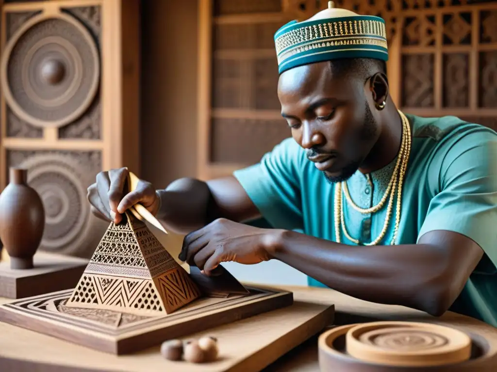 Artesano africano tallando geometría en madera con precisión y destreza, reflejando la belleza matemática en el arte africano