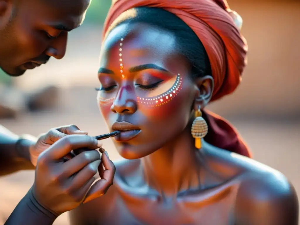 Artesano africano aplica maquillaje rojo con destreza en joven