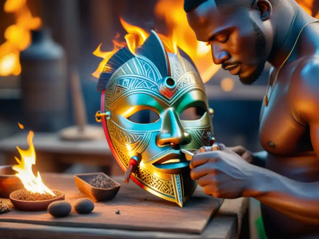 Un artesano africano crea una máscara ceremonial entre llamas, simbolizando el significado y el simbolismo del fuego en el arte africano