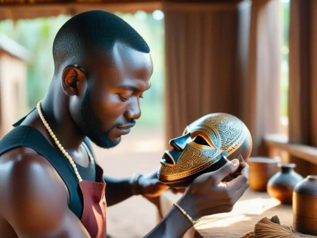 Un artesano africano tallando una máscara de madera con detalle, reflejando la autenticidad del arte africano