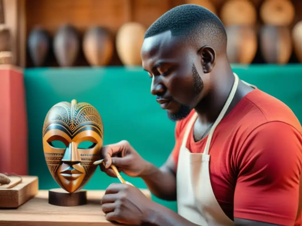 Un artesano africano tallando una máscara de madera tradicional, con herramientas y pigmentos vibrantes, fusionando arte tradicional con tecnología digital