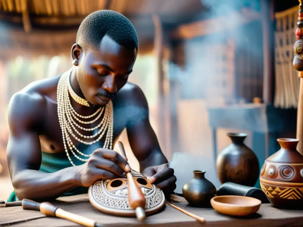 Un artesano africano tallando una máscara de madera con patrones detallados, rodeado de herramientas y materiales de la cultura africana precolonial