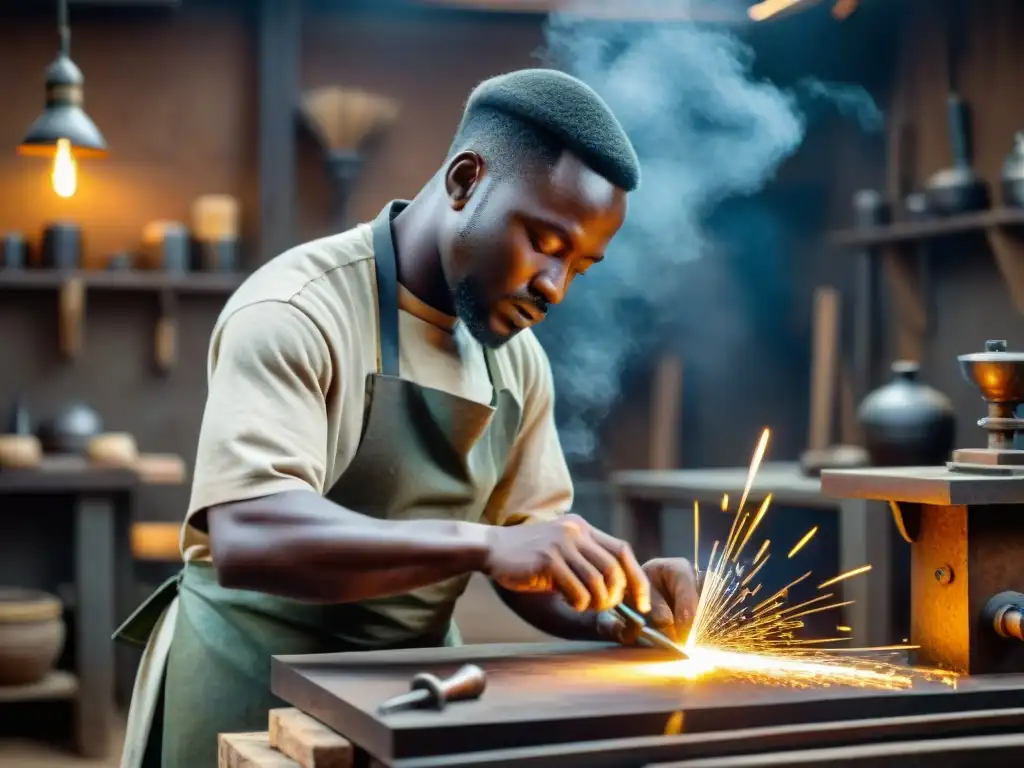 Un artesano africano hábil en metalurgia en África Occidental, creando una pieza con técnicas ancestrales en un taller rústico