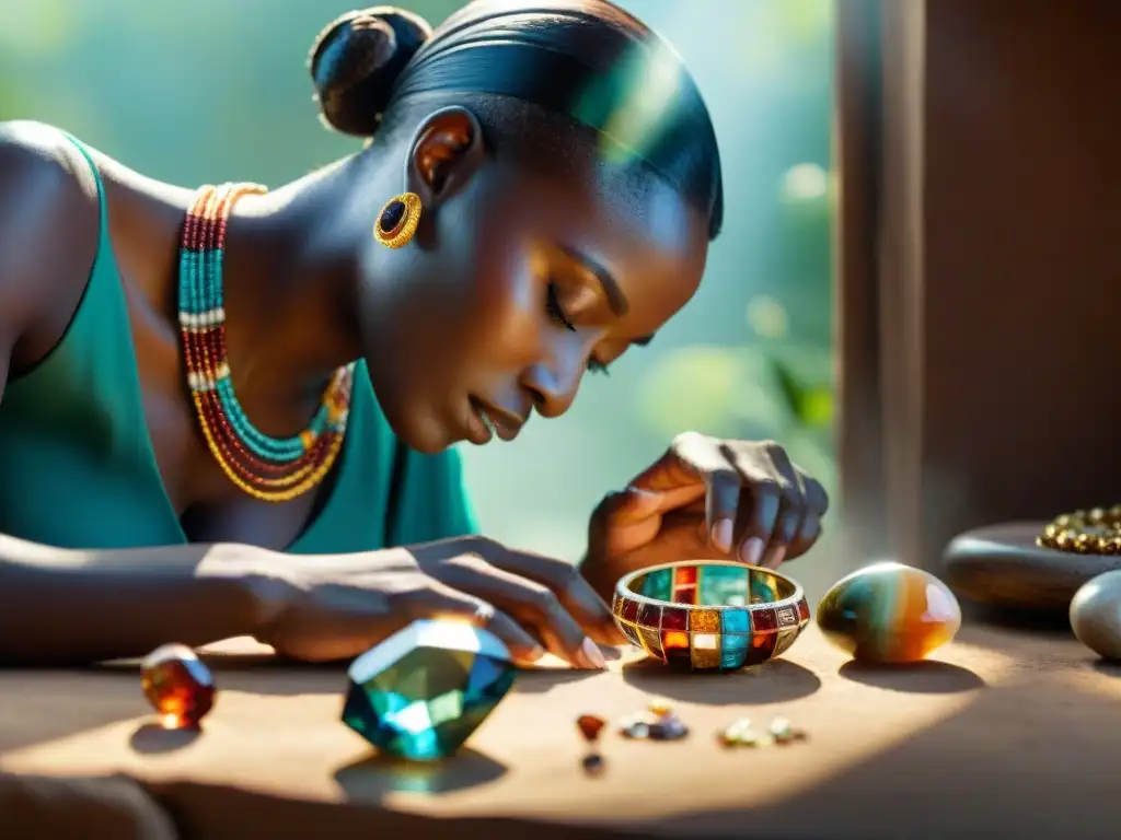 Un artesano africano crea joyería mundial con piedras preciosas africanas, rodeado de color y destreza artesanal