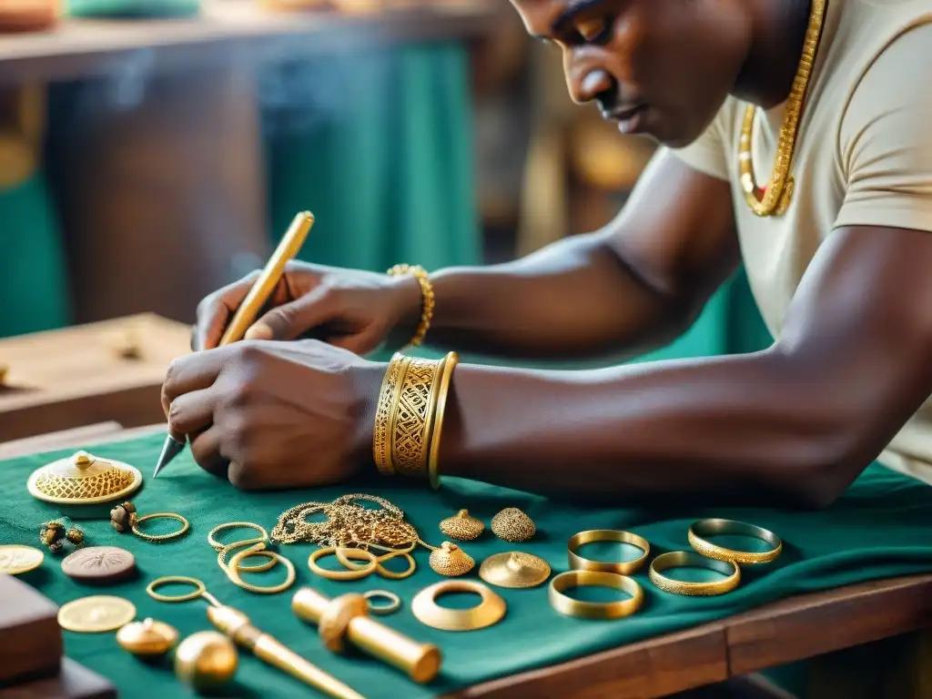 Artesanía africana de oro: tradición y diseño contemporáneo Un artesano africano crea joyería de oro con técnicas ancestrales en un bullicioso mercado africano