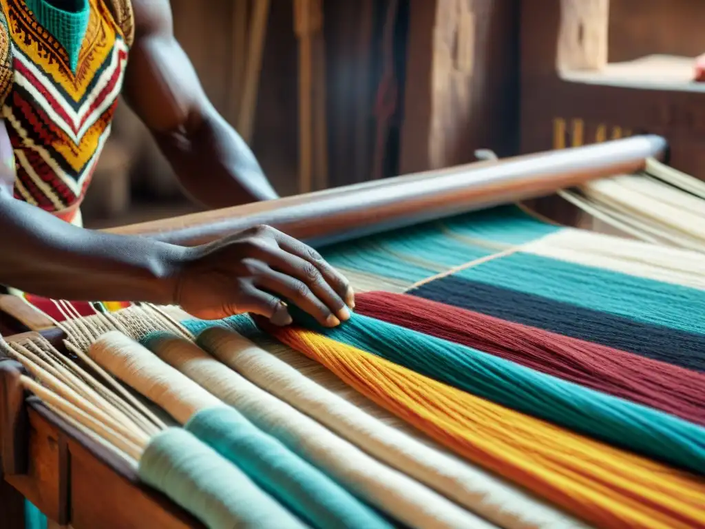 Un artesano africano tejiendo patrones textiles africanos con significado cultural en un telar de madera rústico