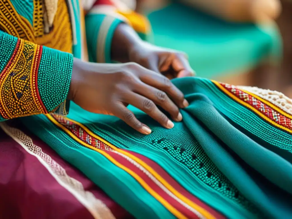 Artesano africano tejiendo patrones textiles africanos con significado cultural en bullicioso mercado