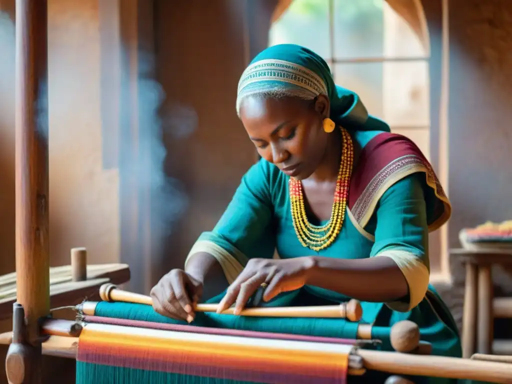 Hábil artesano africano tejiendo patrones tradicionales con técnicas textiles ancestrales, influencia de moda africana