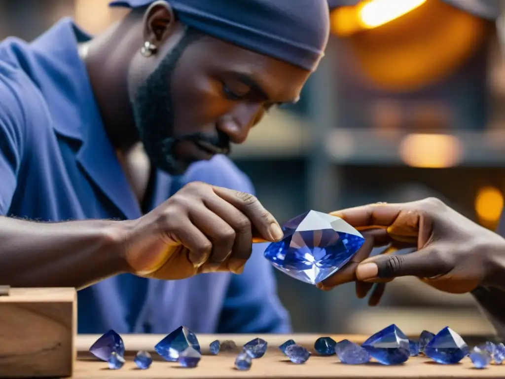 Un artesano africano talla una piedra preciosa tanzanita brillante en un taller con chispas volando, rodeado de gemas crudas