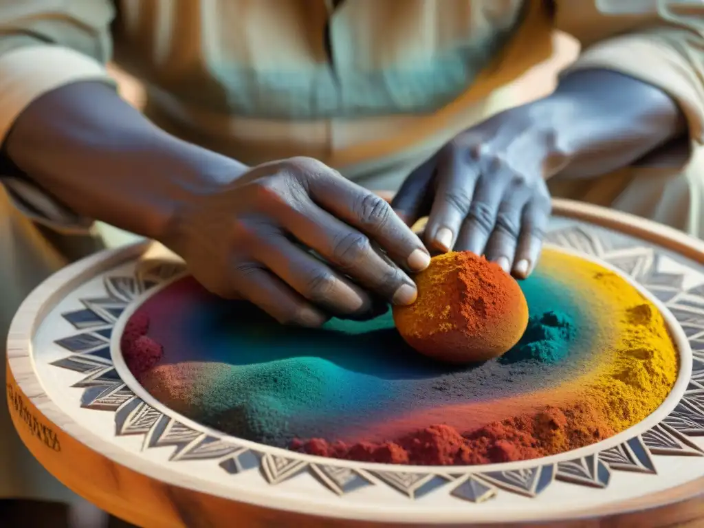 Un artesano africano mezcla pigmentos antiguos en una paleta de madera tallada, resaltando la rica herencia cultural