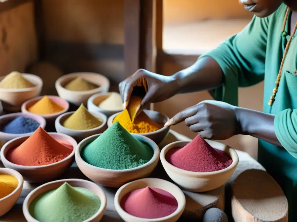 Un artesano africano elabora pigmentos y tintes naturales en un taller rústico de madera