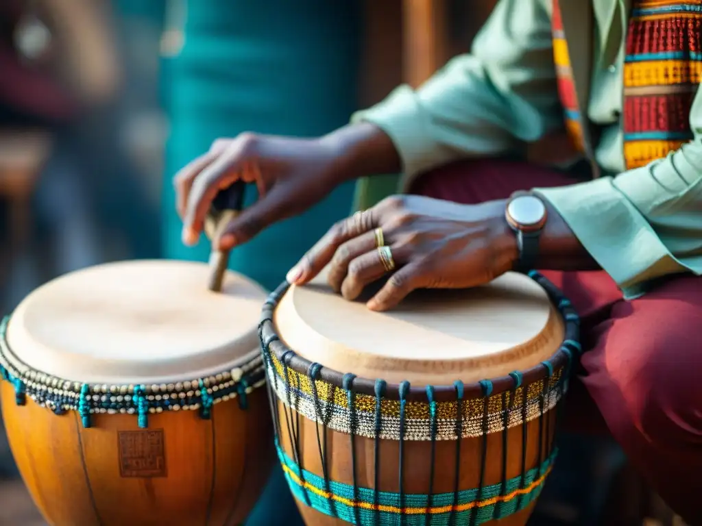 Un artesano africano hábil elaborando un tambor Djembe entre vibrantes instrumentos musicales y músicos entusiastas en un bullicioso mercado africano