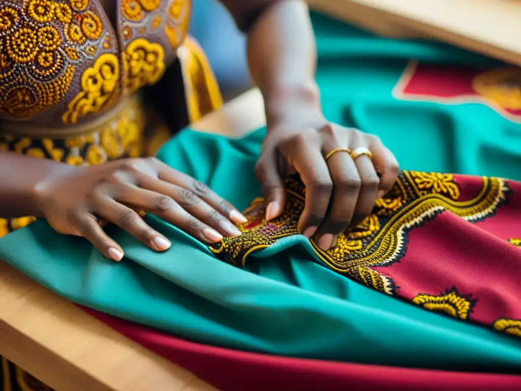 Artesano africano cosiendo telas Ankara, mostrando la influencia africana en patrones moda