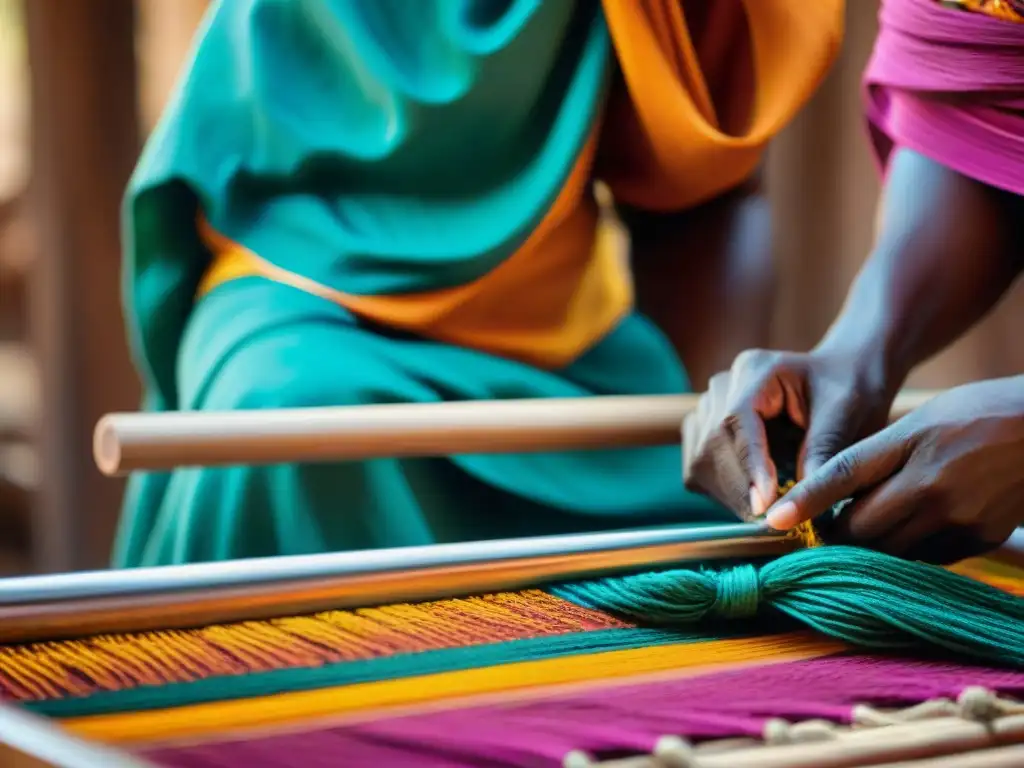 Artesano africano tejiendo textiles de lujo con técnicas tradicionales y tecnología africana, fusionando moda y tradición