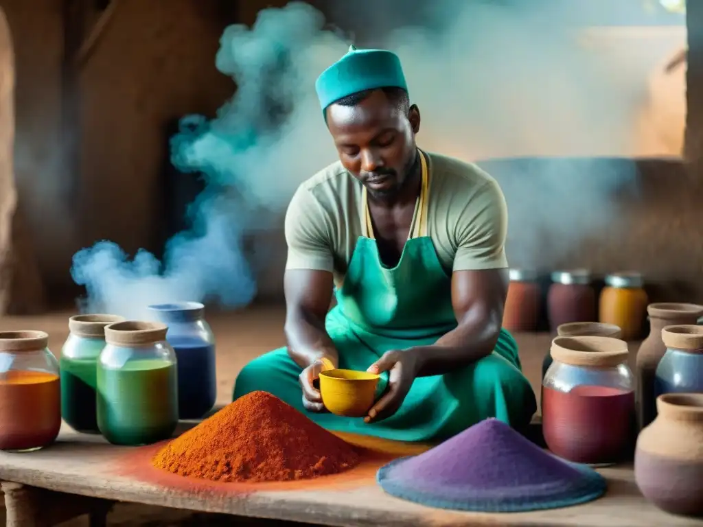 Artesano africano tiñendo tela con pigmentos y tintes africanos de plantas locales, resaltando la rica tradición cultural