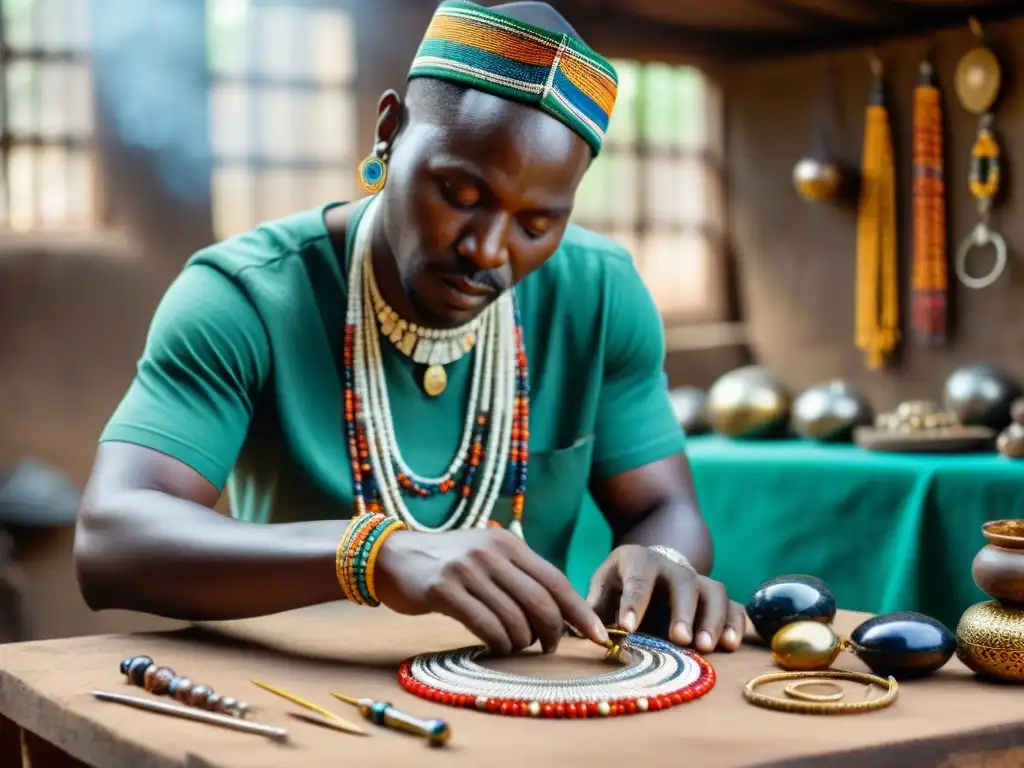 Un artesano africano crea joyería tradicional con simbolismo de civilizaciones africanas