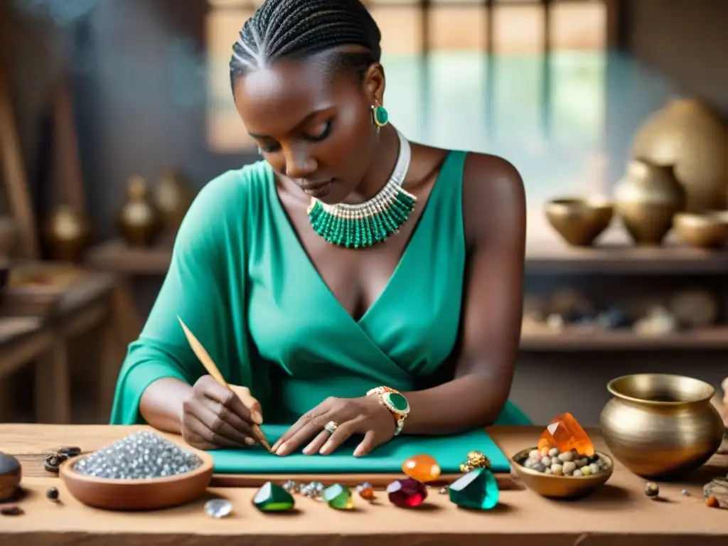 Un artesano africano crea joyería única rodeado de gemas vibrantes y herramientas intrincadas, fusionando tradición y lujo